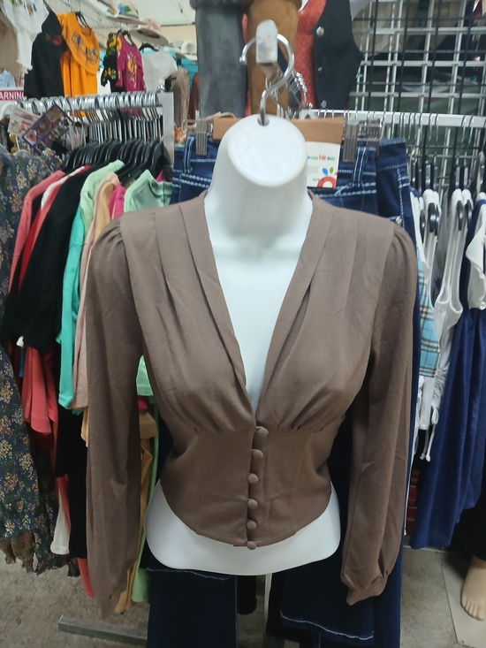 Tops - Brown Button-Front V-Neck Puff Sleeve Top